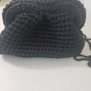 SIIS Black Raffia/Rattan Handwoven Clutch Trendy & Stylish w/40" Blk Metal Chain